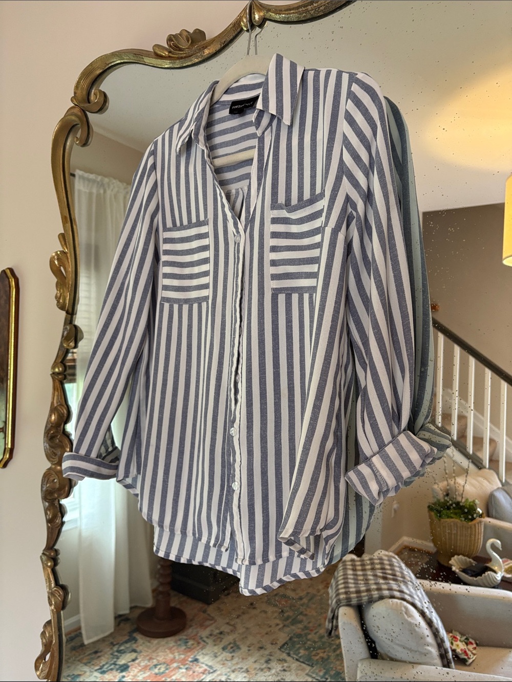 Striped Button-Front Blouse in Blue and White